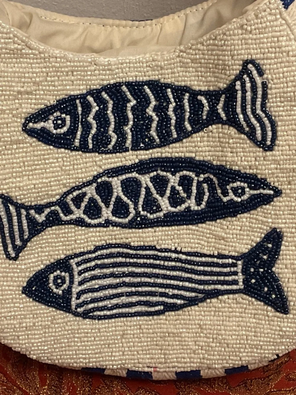 NWT Sardines Micro Beaded Blue White striped canvas Bag
